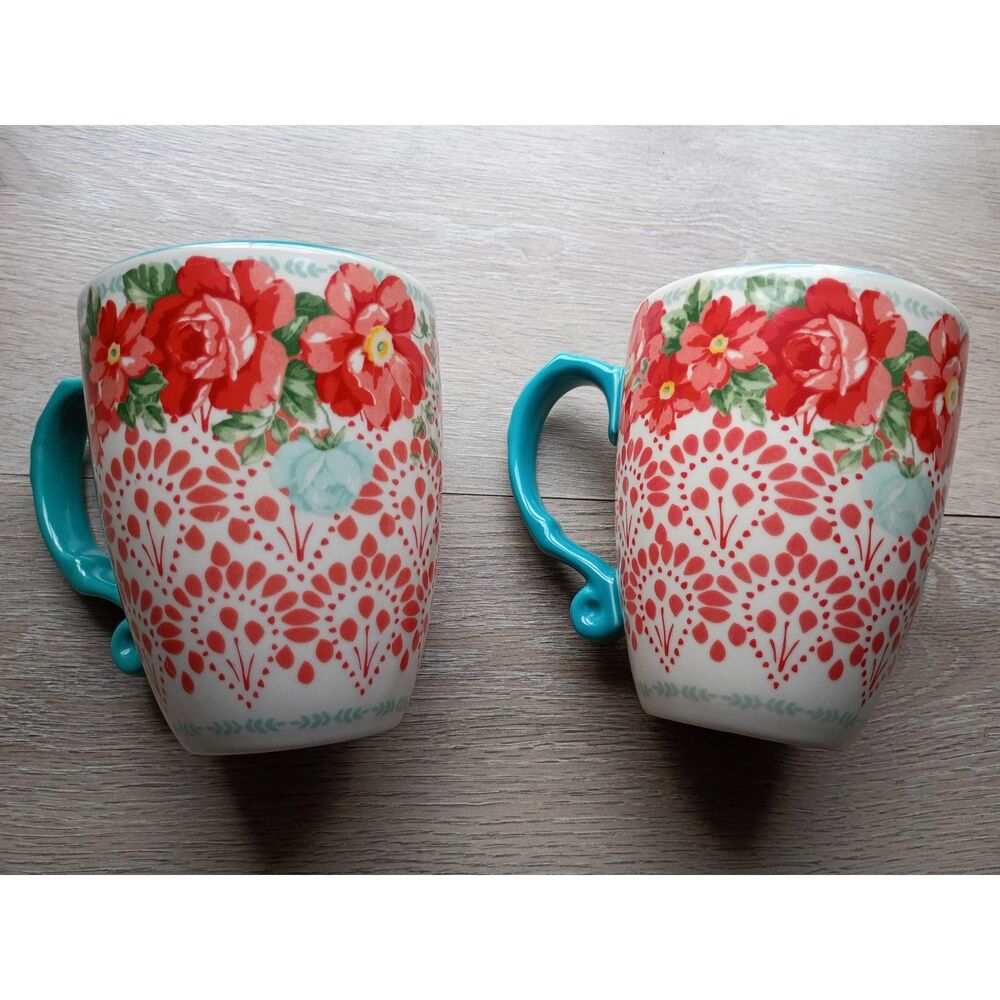 Pioneer Woman Large Latte Mugs Vintage Floral Betsy Set of 2 Coffee Stoneware